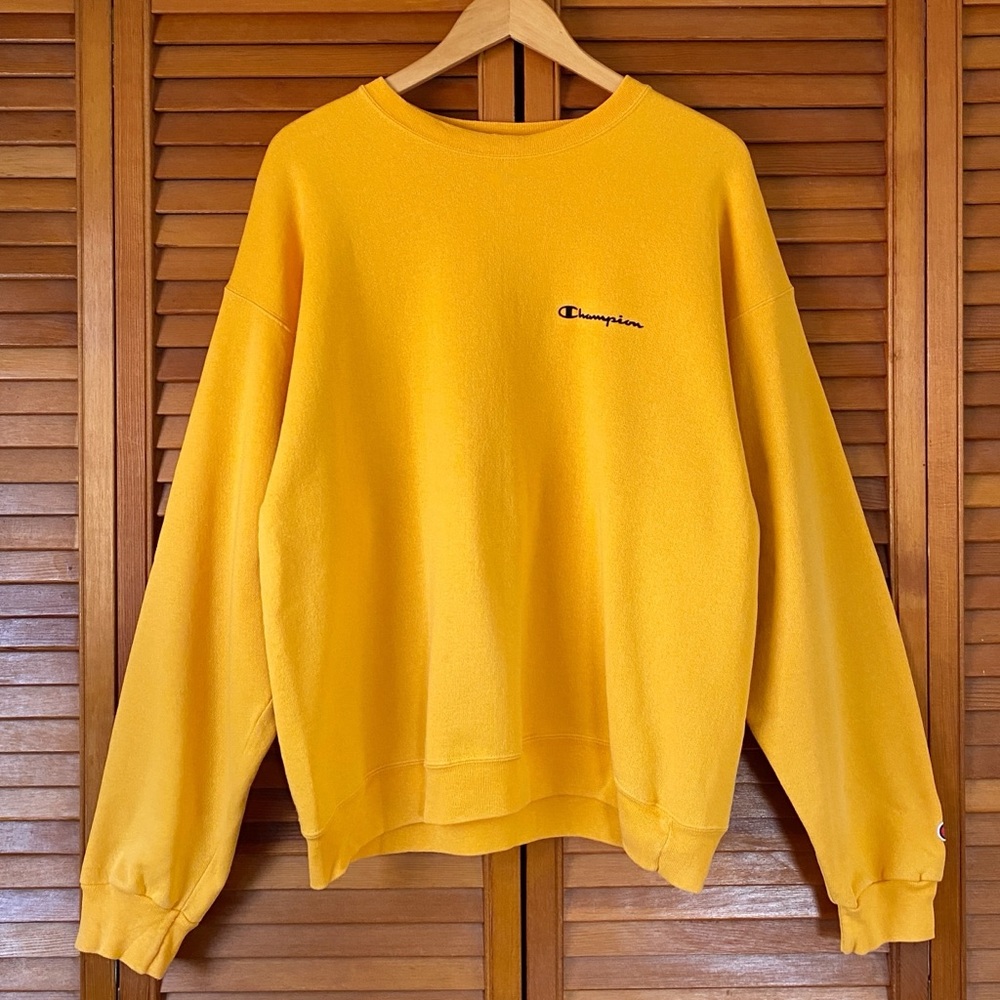 Vintage 90s Champion Sweatshirt Mens Size Large Yellow Pullover Crew Neck Logo